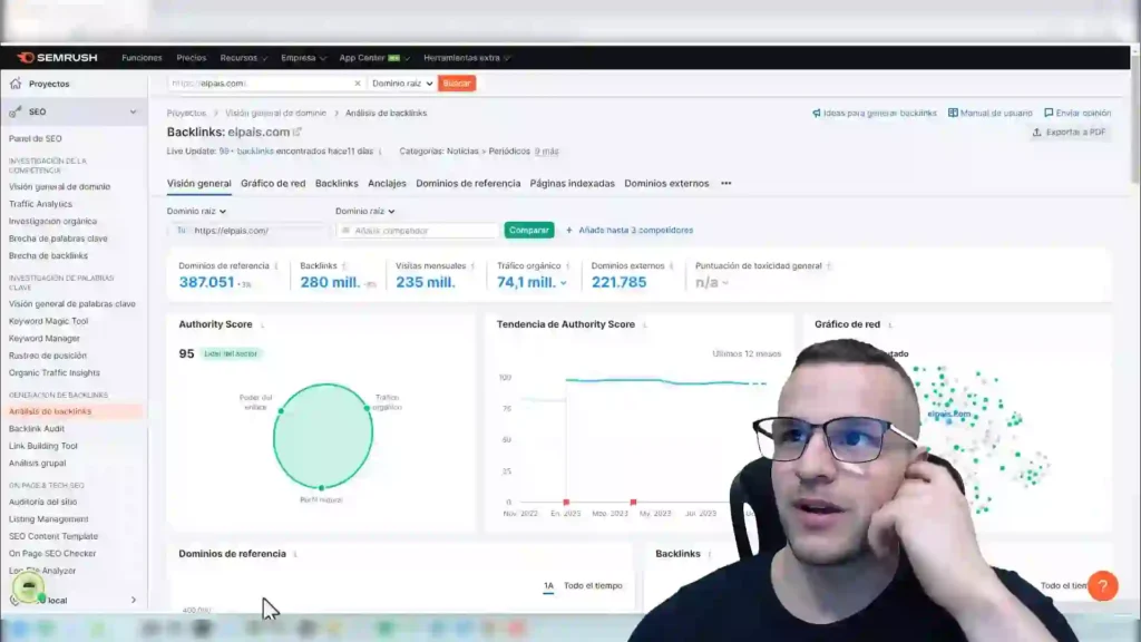Interfaz de Semrush 2025 mostrando la herramienta de comparación de dominios y métricas SEO clave como tráfico y autoridad.