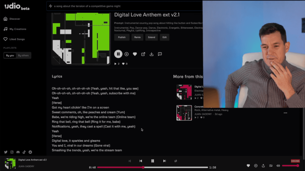 Udio AI: Crea Música con Inteligencia Artificial de Forma Gratuita 3 Imagen que muestra el proceso de inicio en Udio AI, donde el usuario selecciona un género, un ritmo y un tempo para generar automáticamente una nueva canción