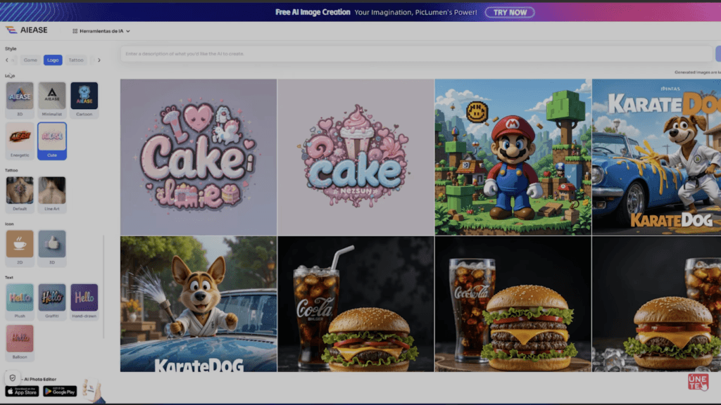 Imagen que muestra una interfaz de diseño de IA generando un logo personalizado con diferentes opciones de colores y tipografías