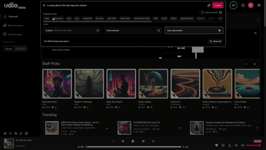 Udio AI: Crea Música con Inteligencia Artificial de Forma Gratuita 2 Imagen que muestra la pantalla de inicio de Udio AI, con herramientas avanzadas para la generación de audio, incluyendo síntesis de voz, efectos y mezcla automática