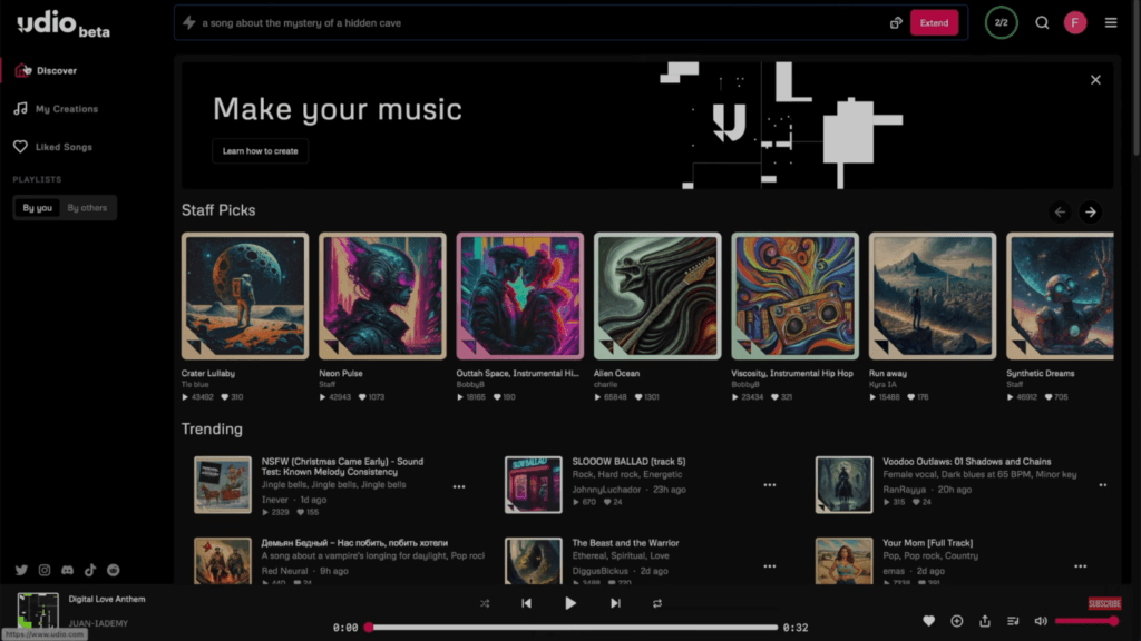 Udio AI: Crea Música con Inteligencia Artificial de Forma Gratuita 4 Imagen que muestra la sección de la Galería de Udio AI, donde los usuarios pueden explorar pistas musicales generadas por IA y descubrir nuevos sonidos