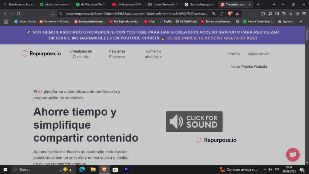 Imagen que muestra la pantalla principal de Repurpose IO con opciones para convertir un video, audio o clip en diferentes formatos y distribuirlo en redes sociales