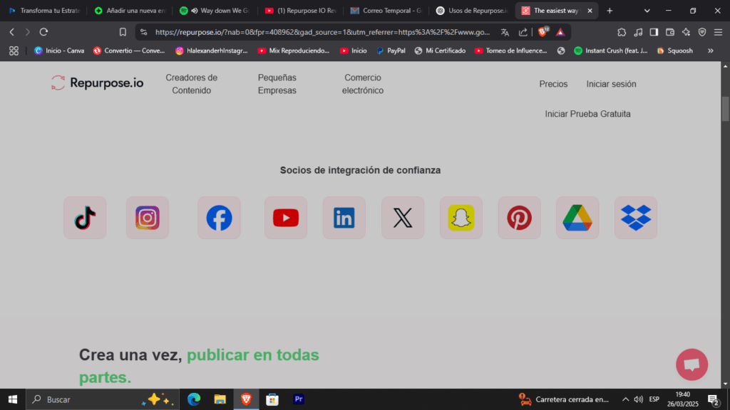 Imagen que muestra el panel de control de Repurpose IO, donde se configuran flujos de trabajo para convertir y publicar contenido en diferentes plataformas automáticamente