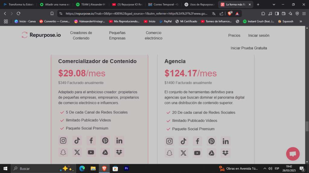 Imagen que muestra una tabla comparativa de los diferentes planes de Repurpose IO, incluyendo características y precios mensuales y anuales