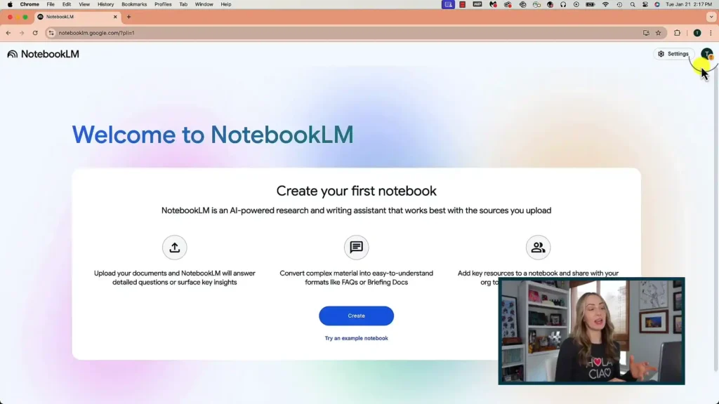 Imagen que muestra la interfaz principal de NotebookLM con sus funciones clave, como generación de resúmenes, organización de notas y asistencia en la escritura.