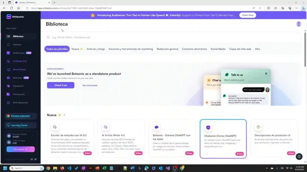 Imagen ilustrativa de Writesonic, destacando el panel de configuración inicial, selección de idioma, tono de escritura y tipos de contenido. Una guía para que los creadores de contenido saquen el máximo provecho de esta potente herramienta de IA