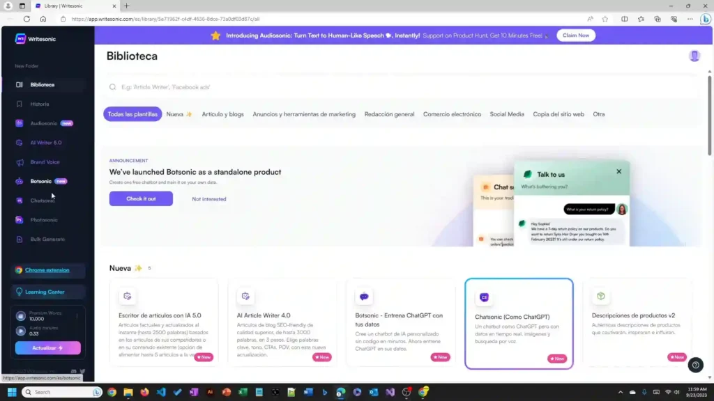 Imagen ilustrativa del chat de Chatsonic, destacando su capacidad para generar contenido, responder preguntas y ofrecer información actualizada en tiempo real. Una herramienta ideal para creadores de contenido y profesionales del marketing
