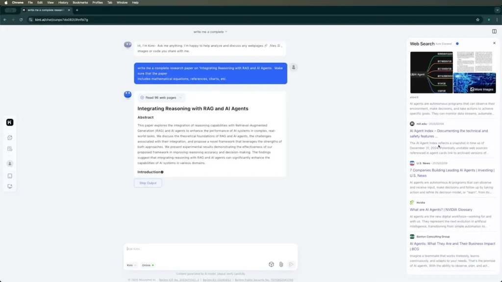 Imagen que muestra a Kimi AI generando contenido académico estructurado, destacando su utilidad para la investigación, redacción y corrección de textos.
