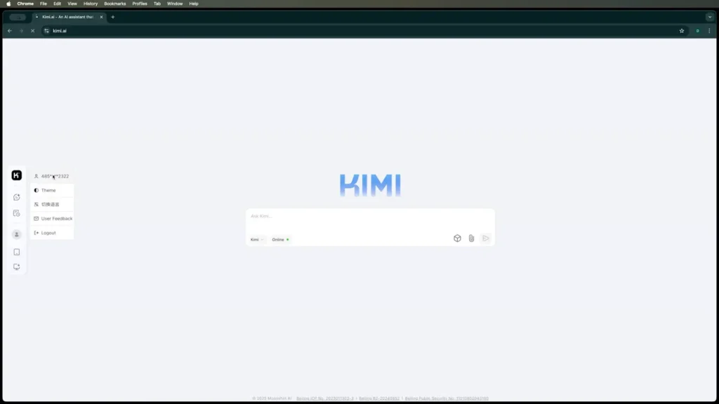 Imagen que muestra la interfaz principal de Kimi AI, destacando sus funciones y características clave para la automatización y asistencia en diversas tareas