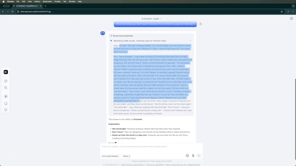 Imagen que muestra a Kimi AI analizando y resolviendo un acertijo, demostrando su habilidad para interpretar problemas y ofrecer soluciones lógicas