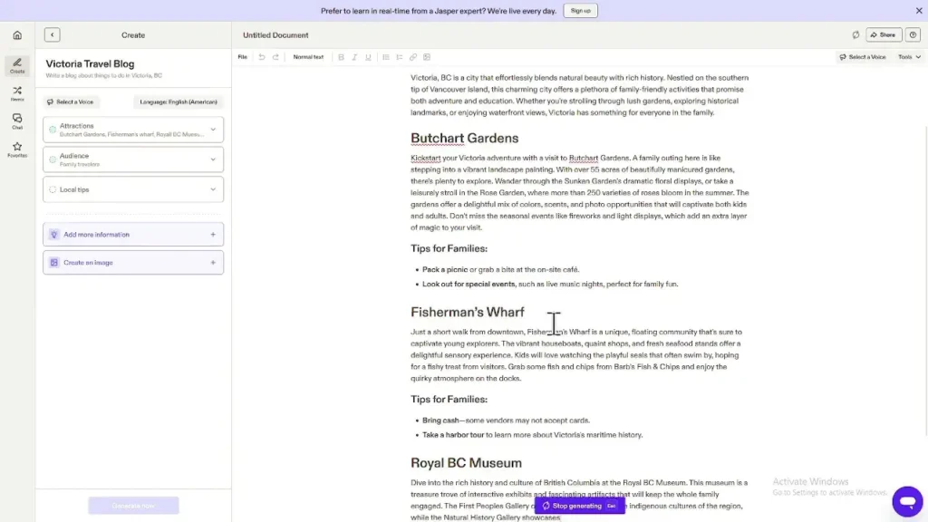 Imagen que muestra cómo Jasper AI facilita la creación rápida de contenido original para blogs, redes sociales y sitios web, optimizando el flujo de trabajo y mejorando la eficiencia.

