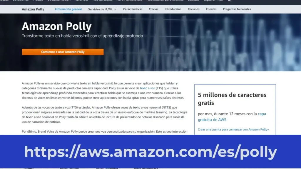 Amazon Polly: Cómo Generar Tráfico A Mi Web Con Texto A Voz 3 Imagen que muestra la página principal de Amazon Polly, destacando las opciones de inicio de sesión y registro para nuevos usuarios interesados en utilizar el servicio de conversión de texto a voz