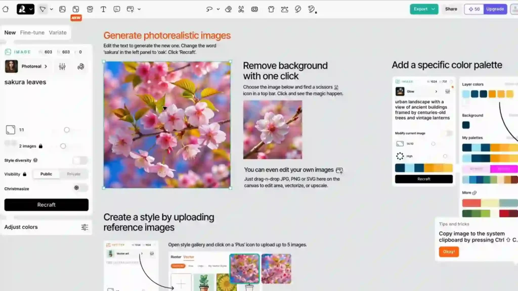 Imagen ilustrativa del proceso de generación de imágenes con inteligencia artificial en Recraft. Aprende a utilizar herramientas avanzadas para crear ilustraciones, mejorar diseños y explorar nuevas posibilidades creativas con IA.