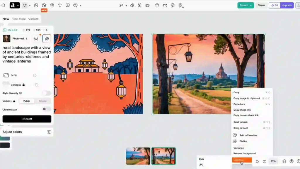 Imagen ilustrativa del proceso de edición y descarga en Recraft. Descubre cómo optimizar la resolución, ajustar detalles y exportar imágenes con la mejor calidad para cualquier proyecto creativo