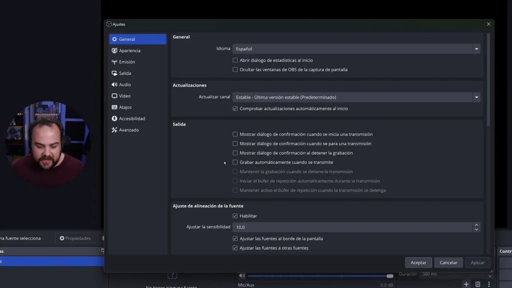 Imagen ilustrativa de la configuración básica de OBS Studio, mostrando ajustes clave como resolución, bitrate, codificación y fuentes de video. Descubre cómo optimizar OBS para obtener la mejor calidad en tus transmisiones en Twitch, YouTube y otras plataformas