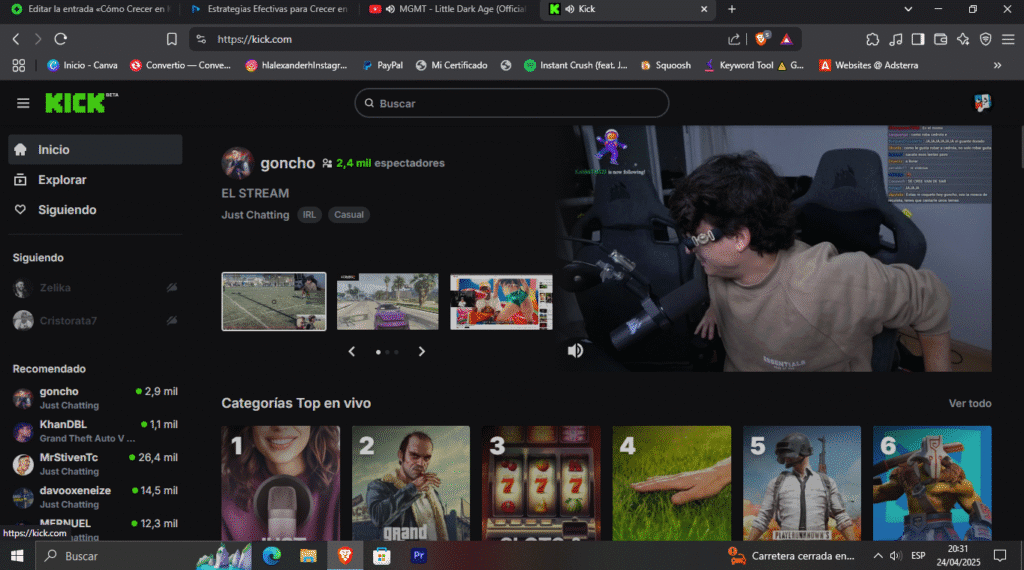 Kick: La nueva era de streaming y monetización 2 Kick con streamers activos y elementos destacados como el chat en vivo, categorías populares y herramientas de monetización. Kick está ganando popularidad por ofrecer mejores condiciones económicas y mayor libertad comparado con otras plataformas de streaming