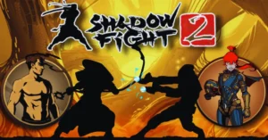 pelea entre el personaje principal y May en Shadow Fight 2 durante el Modo Eclipse, mostrando técnicas clave del combate