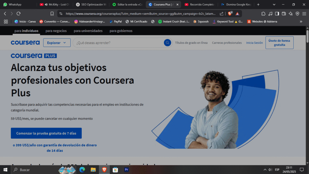 Coursera, una plataforma de educación en línea que ofrece cursos, especializaciones y certificados de universidades e instituciones líderes a nivel mundial