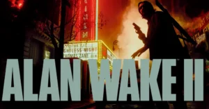 Alan Wake iluminando un sendero oscuro con su linterna, rodeado de niebla y árboles amenazantes