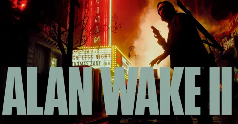 Alan Wake iluminando un sendero oscuro con su linterna, rodeado de niebla y árboles amenazantes