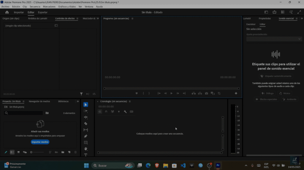 Adobe Premiere Pro, destacando su panel de edición, línea de tiempo y herramientas clave